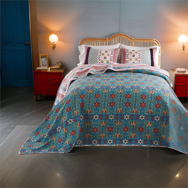Benjara Ello 3pc King Bedspread and Pillow Sham Set- Red Blue Bohemian Stripes