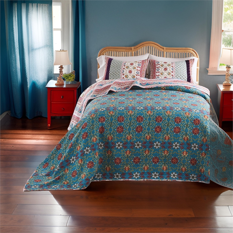 Benjara Ello 3pc Queen Bedspread and Pillow Sham Set- Multicolor Bohemian Print