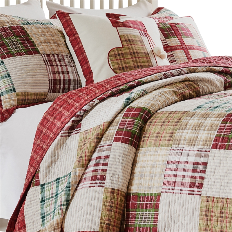 Benjara Evi 3pc Full Queen Quilt and Pillow Sham Set- Plaid Pattern- Multicolor