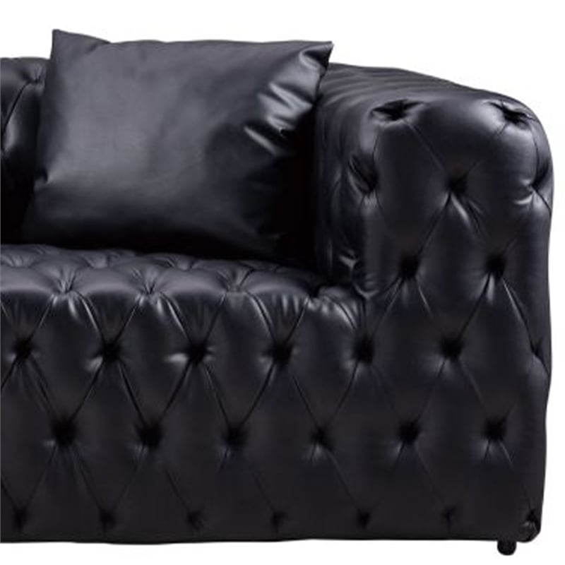 Benjara Sam Sofa- Black Tufted Faux Leather- Throw Pillows- Chesterfield- 84