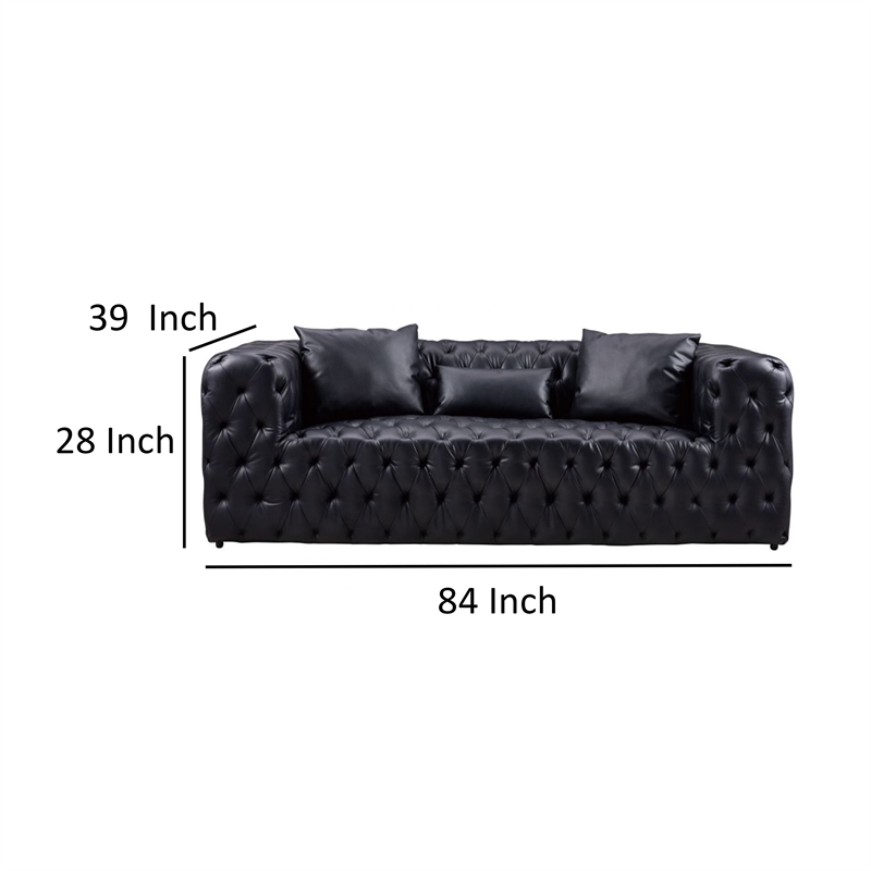 Benjara Sam Sofa- Black Tufted Faux Leather- Throw Pillows- Chesterfield- 84