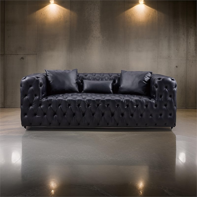 Benjara Sam Sofa- Black Tufted Faux Leather- Throw Pillows- Chesterfield- 84