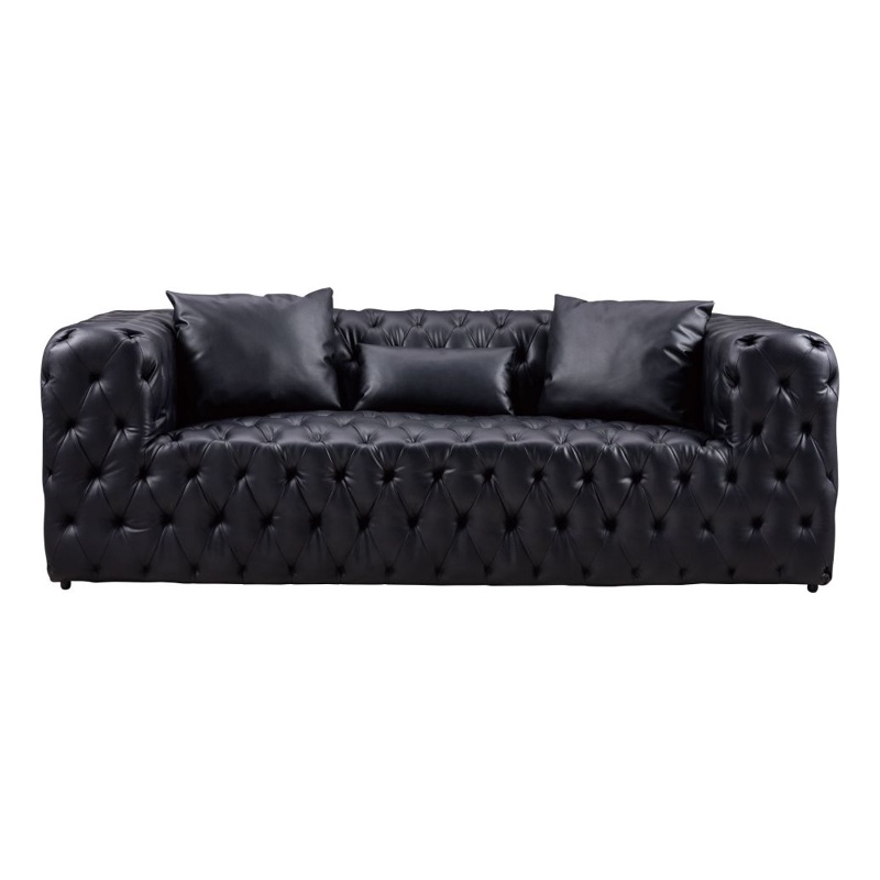 Benjara Sam Sofa- Black Tufted Faux Leather- Throw Pillows- Chesterfield- 84