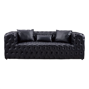 Benjara Sam Sofa- Black Tufted Faux Leather- Throw Pillows- Chesterfield- 84&quot