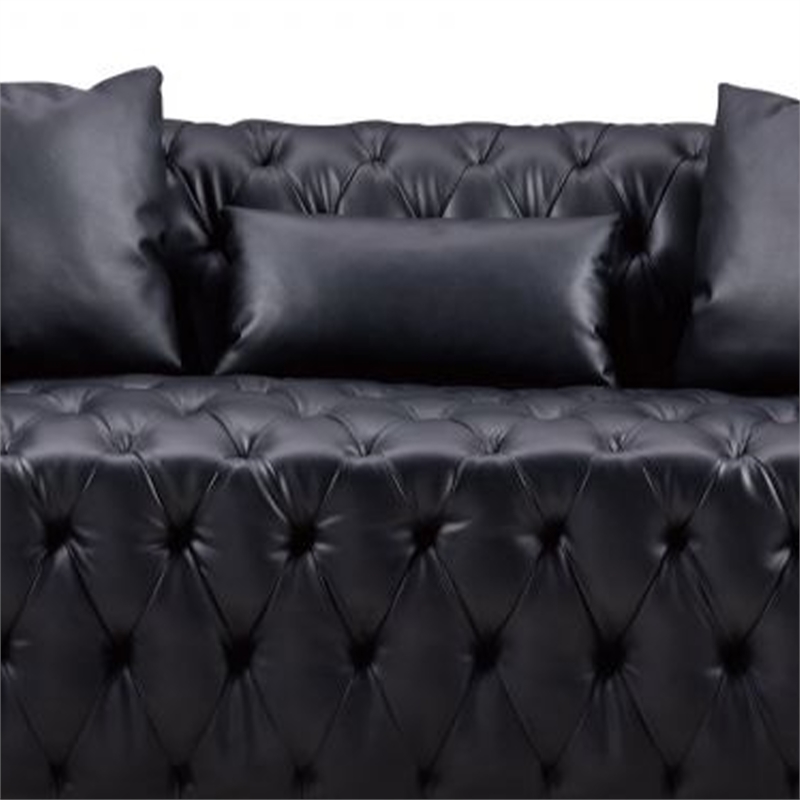 Benjara Sam Sofa- Black Tufted Faux Leather- Throw Pillows- Chesterfield- 84