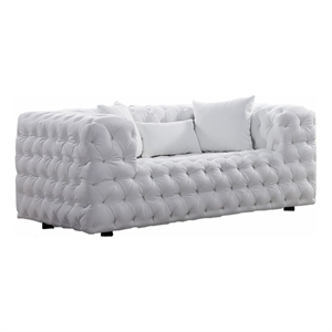 Benjara Sam Sofa- White Tufted Faux Leather- Throw Pillows- Chesterfield- 84&quot