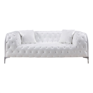 Benjara Sam 74&quot Loveseat- White Tufted Faux Leather- Steel Legs- Throw Pillows