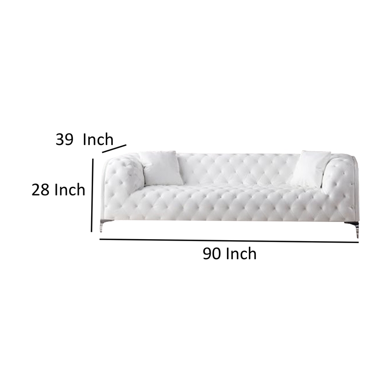 Benjara Sam Sofa- White Tufted Faux Leather- Throw Pillows- Steel Legs- 90 Inch