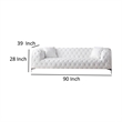 Benjara Sam Sofa- White Tufted Faux Leather- Throw Pillows- Steel Legs- 90 Inch
