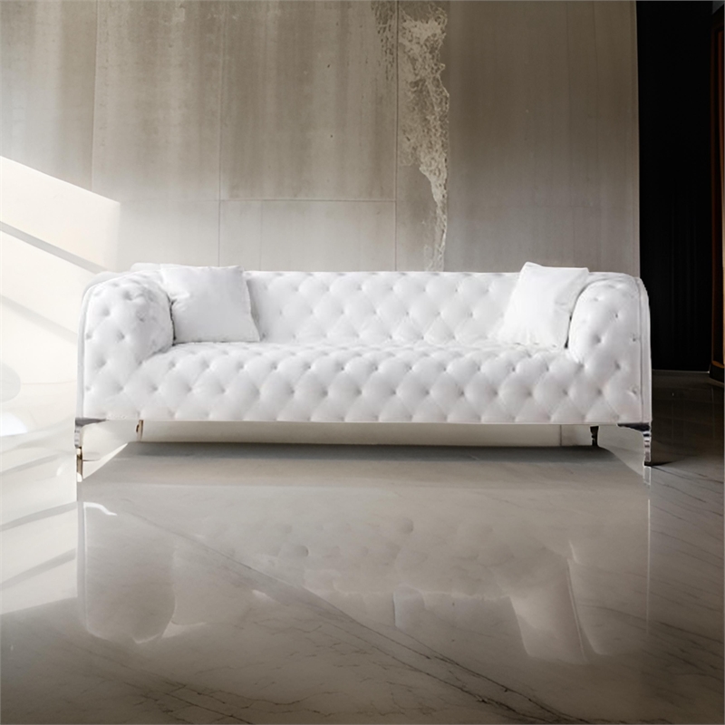 Benjara Sam Sofa- White Tufted Faux Leather- Throw Pillows- Steel Legs- 90 Inch
