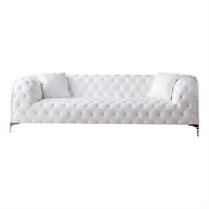 Benjara Sam Sofa- White Tufted Faux Leather- Throw Pillows- Steel Legs- 90 Inch