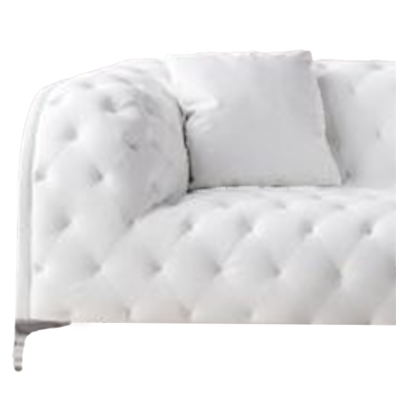 Benjara Sam Sofa- White Tufted Faux Leather- Throw Pillows- Steel Legs- 90 Inch