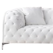 Benjara Sam Sofa- White Tufted Faux Leather- Throw Pillows- Steel Legs- 90 Inch