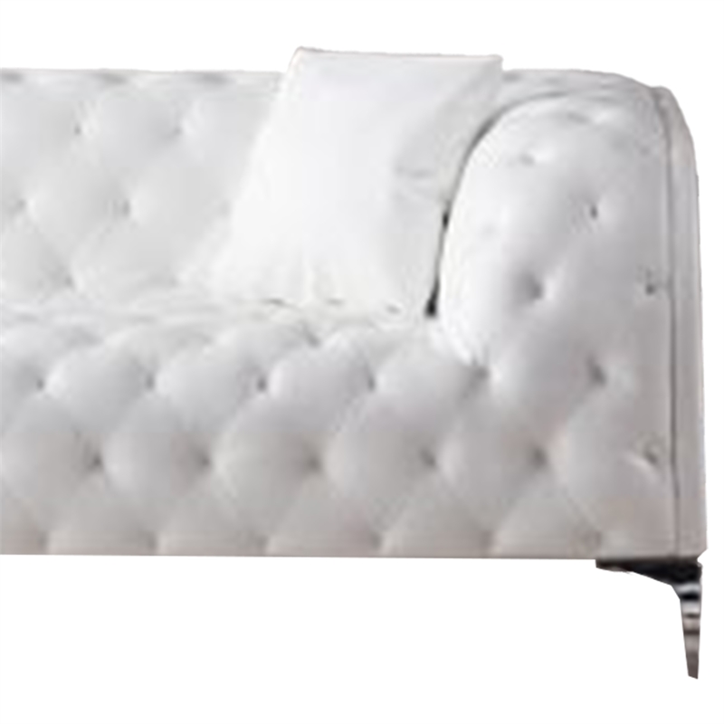 Benjara Sam Sofa- White Tufted Faux Leather- Throw Pillows- Steel Legs- 90 Inch