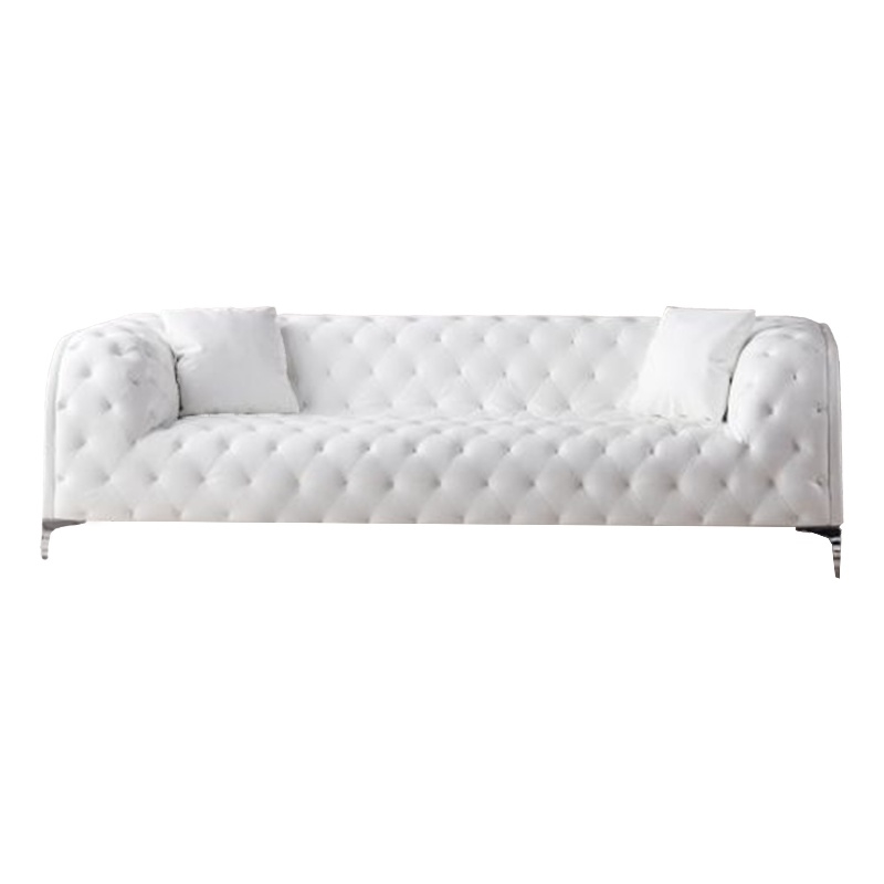 Benjara Sam Sofa- White Tufted Faux Leather- Throw Pillows- Steel Legs- 90 Inch
