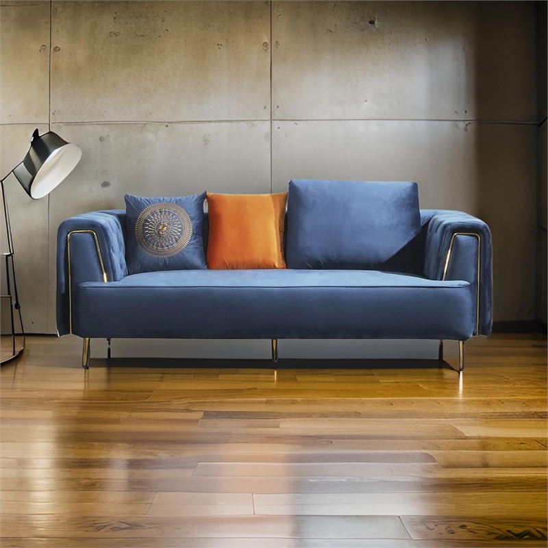 Benjara Azia Sofa- Blue Velvet- Tufted Arms- Golden Accents- Throw Pillows 83