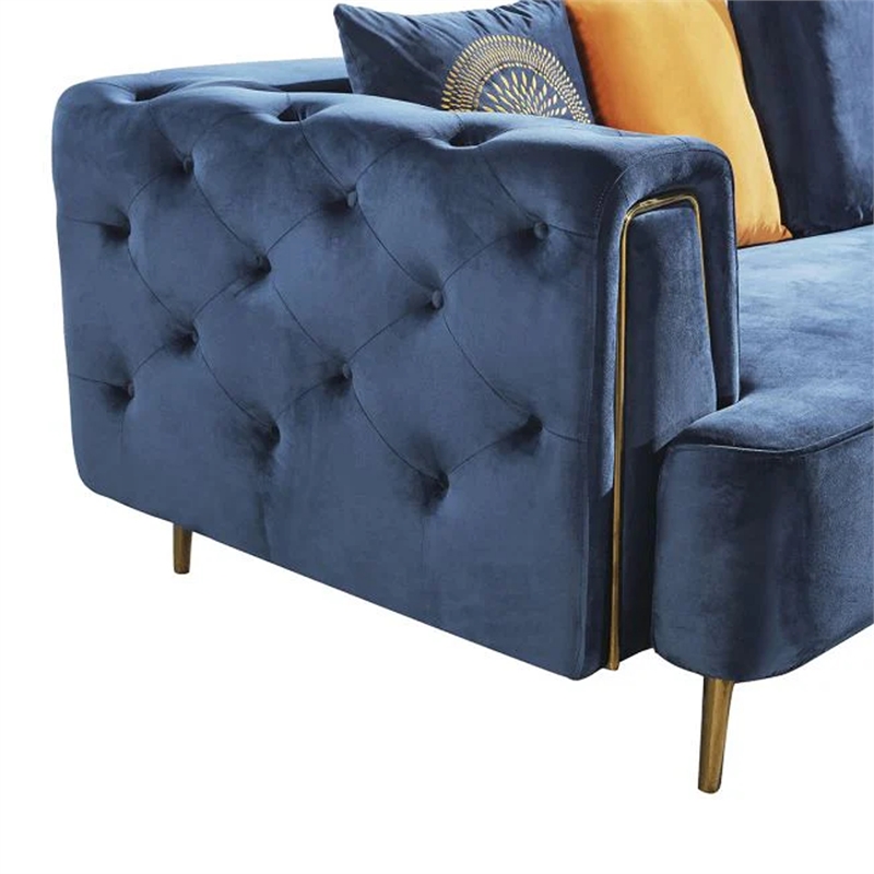 Benjara Azia Sofa- Blue Velvet- Tufted Arms- Golden Accents- Throw Pillows 83