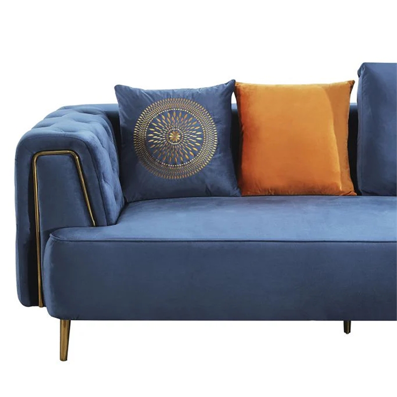 Benjara Azia Sofa- Blue Velvet- Tufted Arms- Golden Accents- Throw Pillows 83