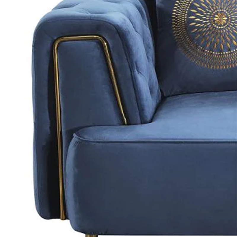 Benjara Azia Sofa- Blue Velvet- Tufted Arms- Golden Accents- Throw Pillows 83