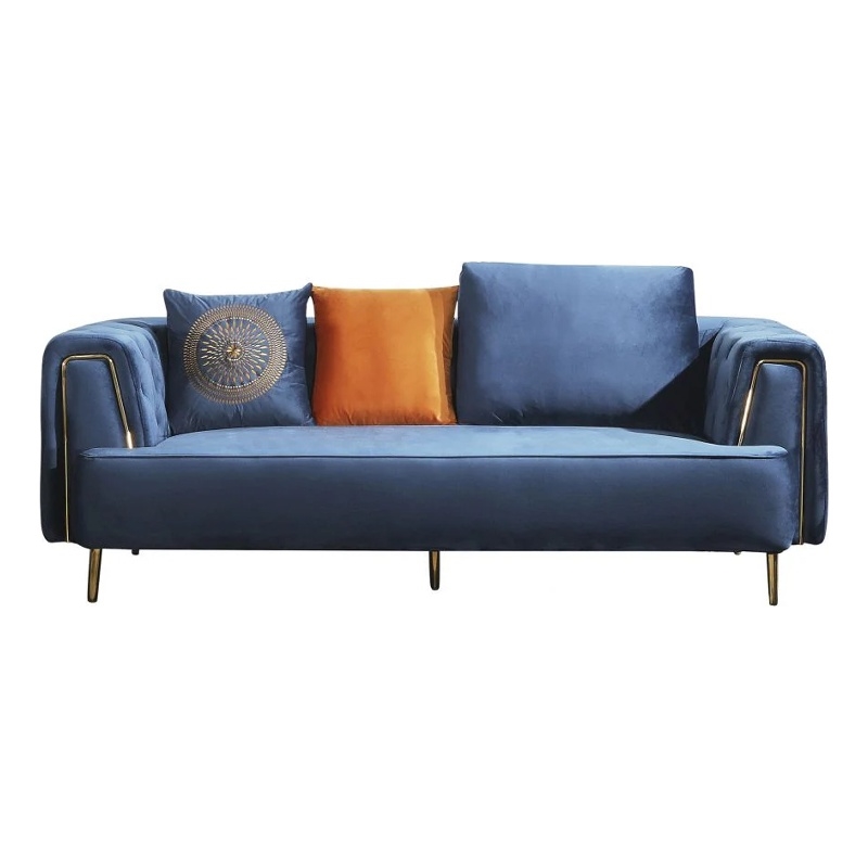 Benjara Azia Sofa- Blue Velvet- Tufted Arms- Golden Accents- Throw Pillows 83