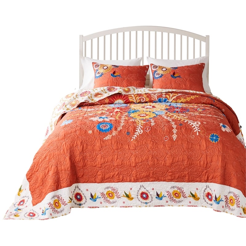 Benjara Xan 3pc King Bedspread and Pillow Sham Set- Bouquet Print- Multicolor
