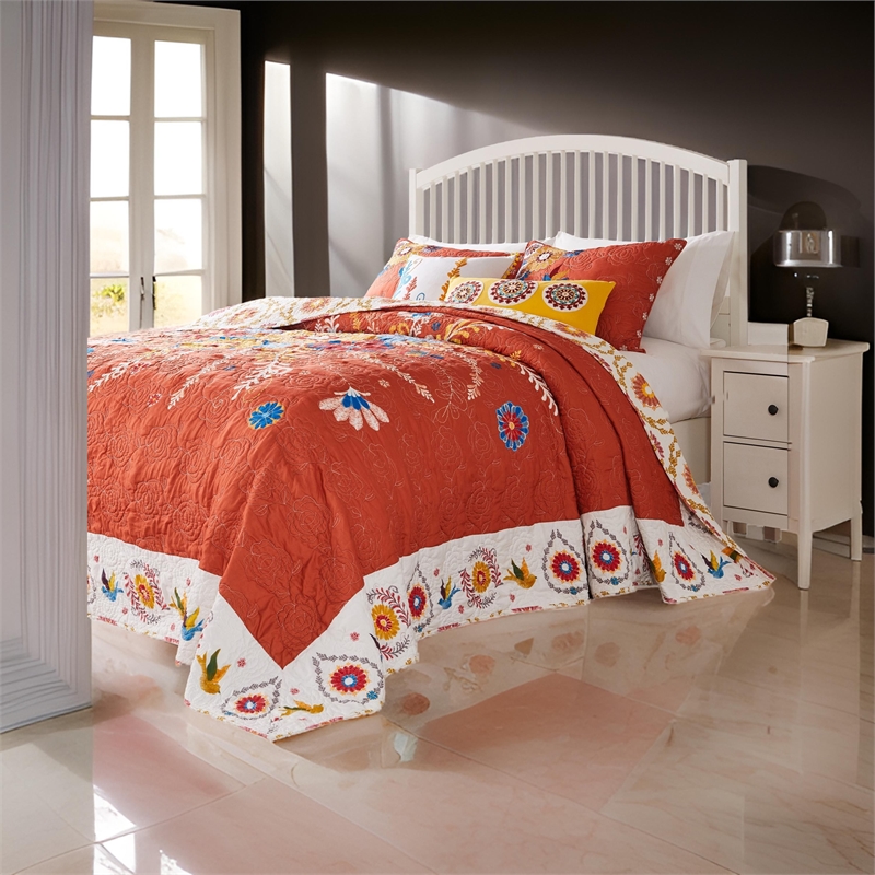 Benjara Xan 3pc King Bedspread and Pillow Sham Set- Bouquet Print- Multicolor