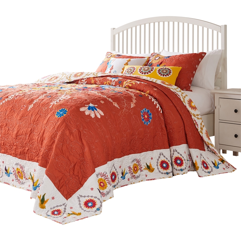 Benjara Xan 3pc Queen Bedspread and Pillow Sham Set- Bouquet Print- Multicolor