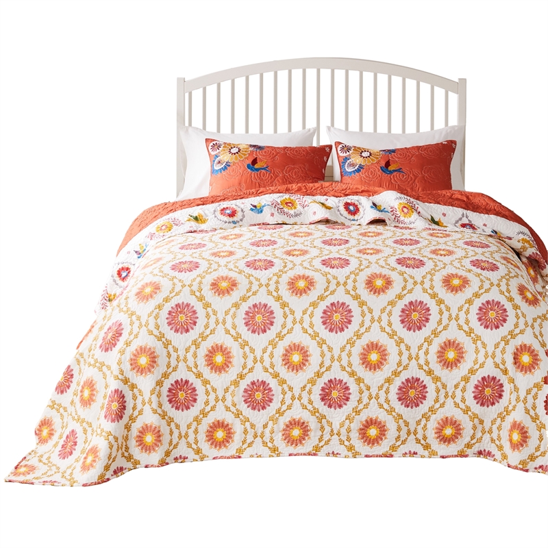 Benjara Xan 3pc Queen Bedspread and Pillow Sham Set- Bouquet Print- Multicolor