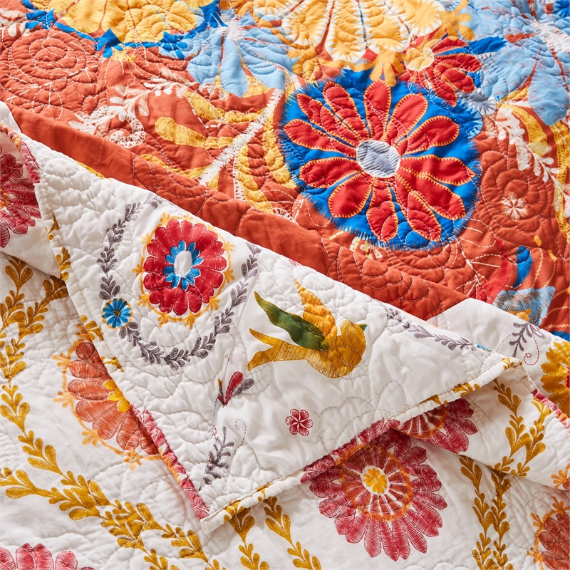 Benjara Xan 3pc Queen Bedspread and Pillow Sham Set- Bouquet Print- Multicolor