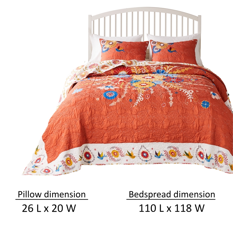 Benjara Xan 3pc Queen Bedspread and Pillow Sham Set- Bouquet Print- Multicolor