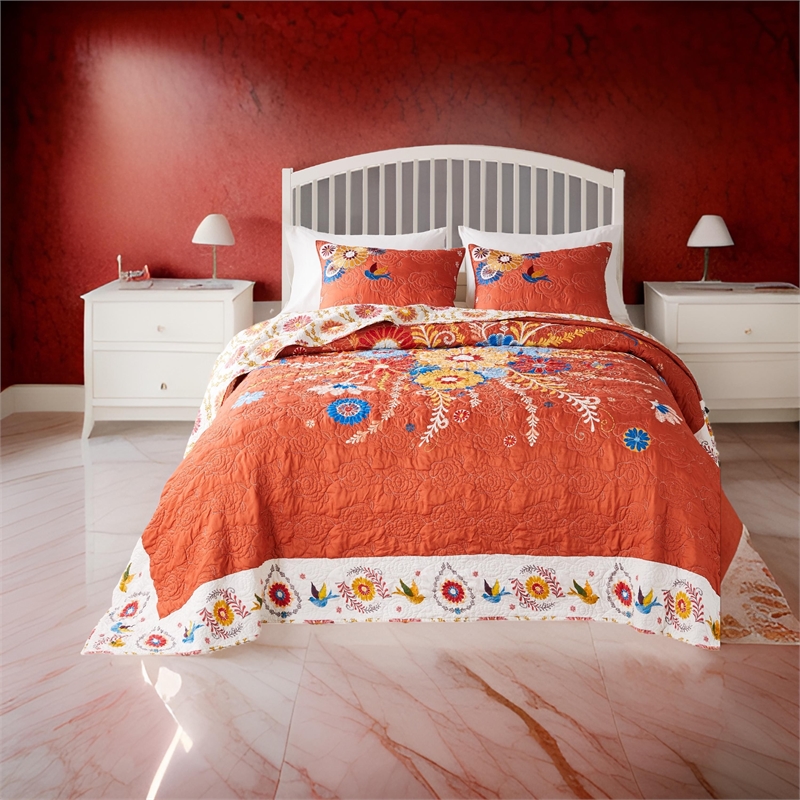 Benjara Xan 3pc Queen Bedspread and Pillow Sham Set- Bouquet Print- Multicolor