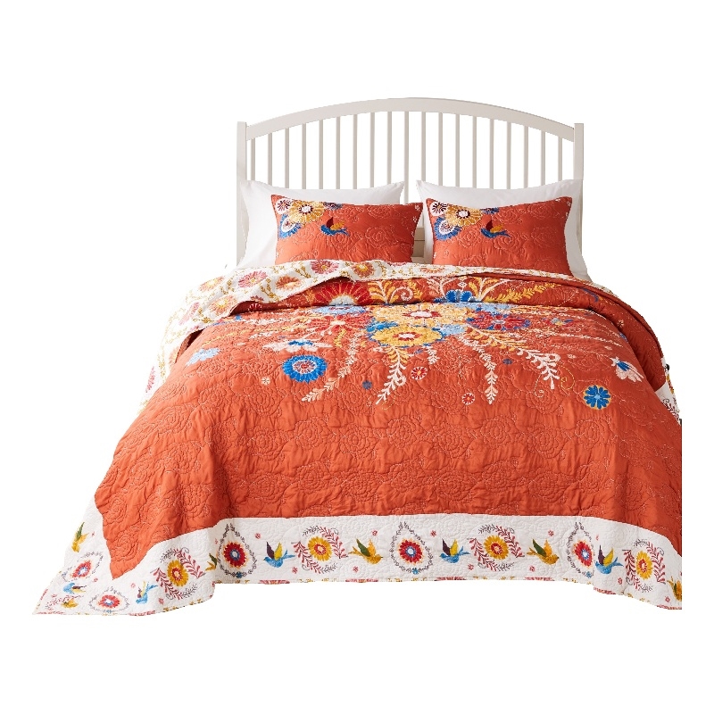 Benjara Xan 3pc Queen Bedspread and Pillow Sham Set- Bouquet Print- Multicolor