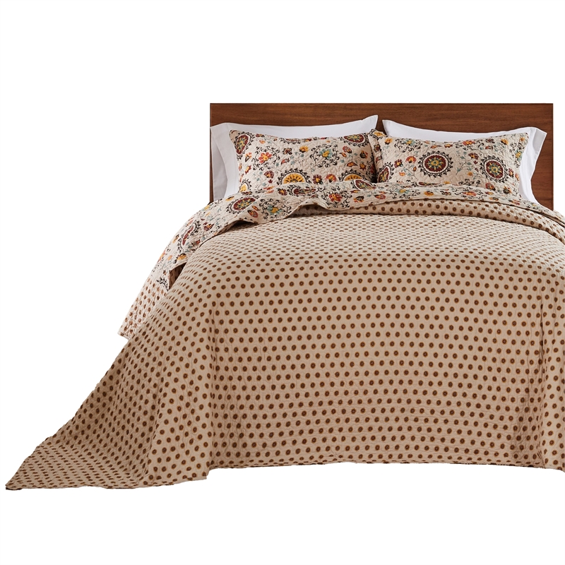 Benjara Dorra 3pc King Bedspread Set- 2 Shams- Floral Crest- Beige Yellow Cotton