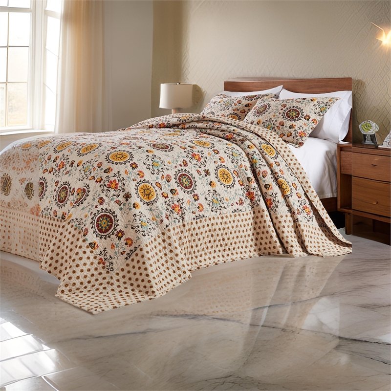 Benjara Dorra 3pc King Bedspread Set- 2 Shams- Floral Crest- Beige Yellow Cotton