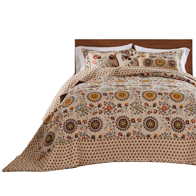 Benjara Dorra 3pc King Bedspread Set- 2 Shams- Floral Crest- Beige Yellow Cotton