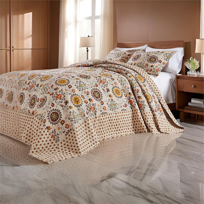 Benjara Dorra 3pc Queen Bedspread Set-2 Shams-Floral Crest-Beige Yellow Cotton