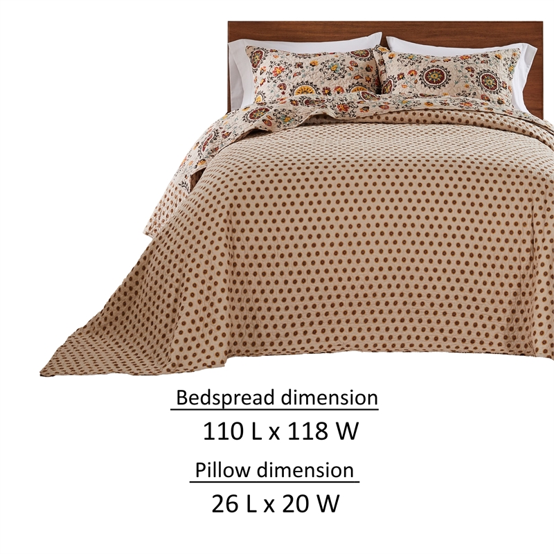 Benjara Dorra 3pc Queen Bedspread Set-2 Shams-Floral Crest-Beige Yellow Cotton