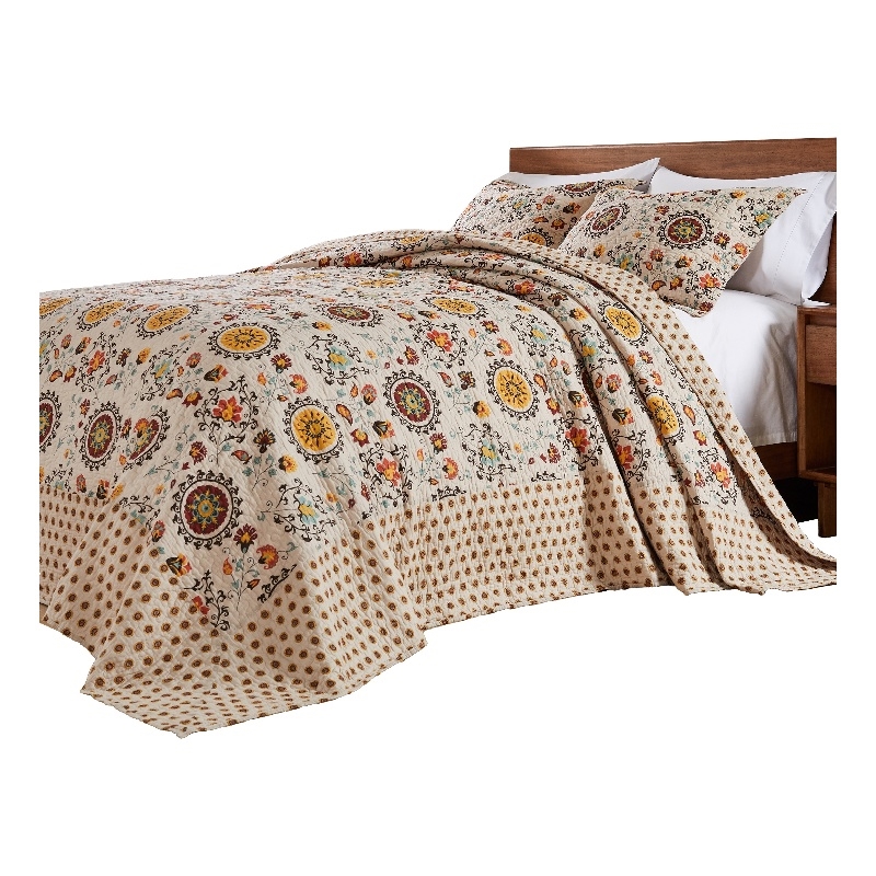 Benjara Dorra 3pc Queen Bedspread Set-2 Shams-Floral Crest-Beige Yellow Cotton