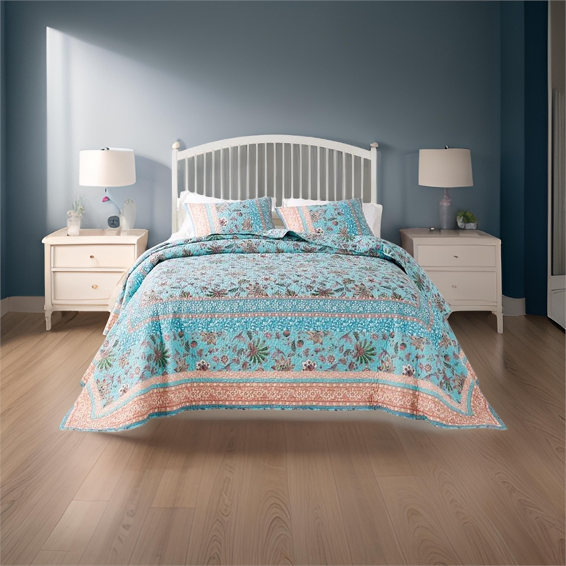 Benjara Dill 3pc Queen Bedspread Set-Bohemian Turquoise Floral Microfiber Cotton