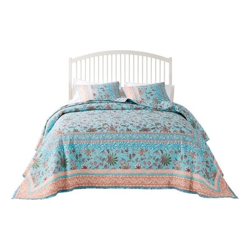 Benjara Dill 3pc Queen Bedspread Set-Bohemian Turquoise Floral Microfiber Cotton