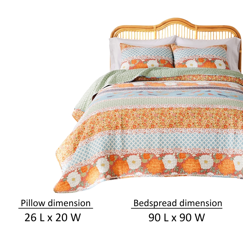 Benjara Nite 3pc Full/Queen Quilt Set- Calico Floral & Songbird Pattern- Cotton