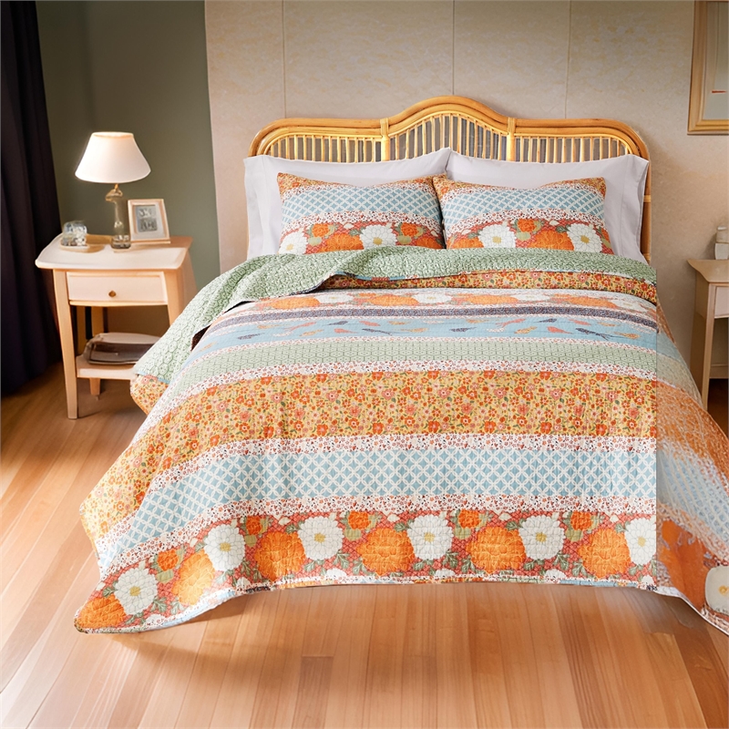Benjara Nite 3pc Full/Queen Quilt Set- Calico Floral & Songbird Pattern- Cotton