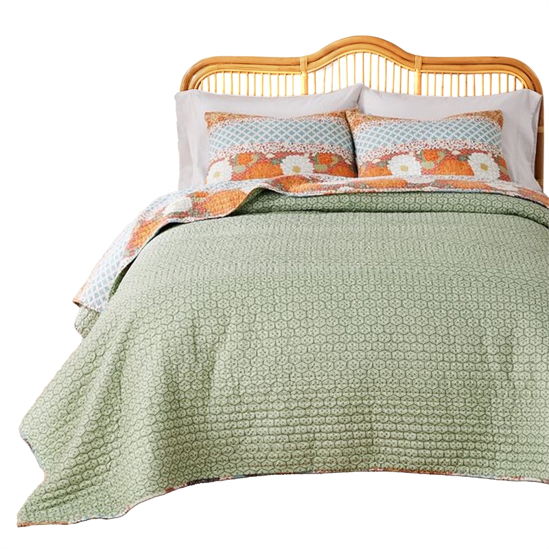 Benjara Nite 3pc King Quilt Set-Calico Floral Songbird Pattern-Cotton Microfiber