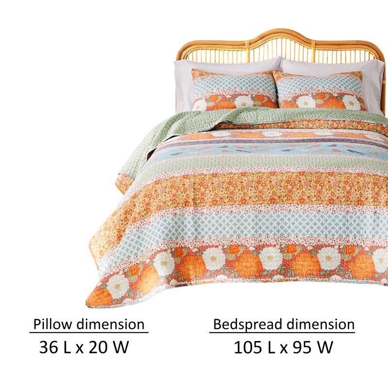 Benjara Nite 3pc King Quilt Set-Calico Floral Songbird Pattern-Cotton Microfiber