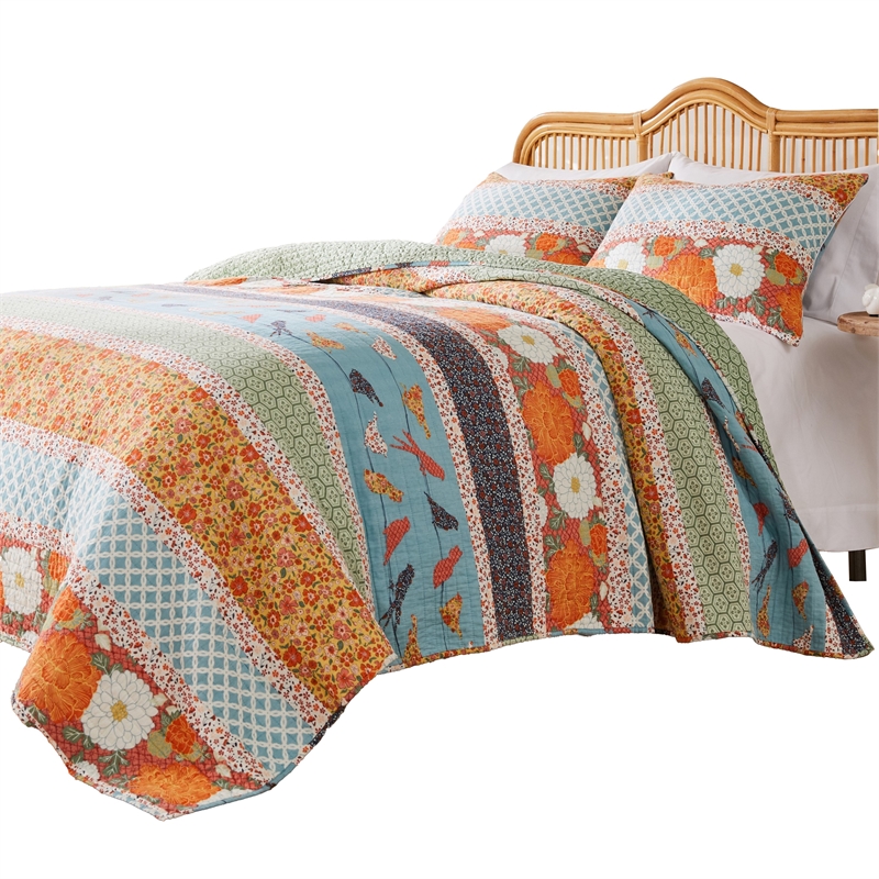 Benjara Nite 3pc King Quilt Set-Calico Floral Songbird Pattern-Cotton Microfiber
