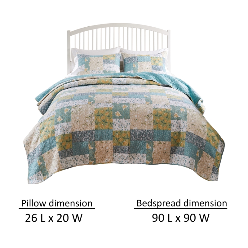 Benjara Evane 3pc Full/Queen Quilt Set- Floral Design- Mist Blue & White Cotton