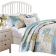 Benjara Evane 3pc Full/Queen Quilt Set- Floral Design- Mist Blue & White Cotton