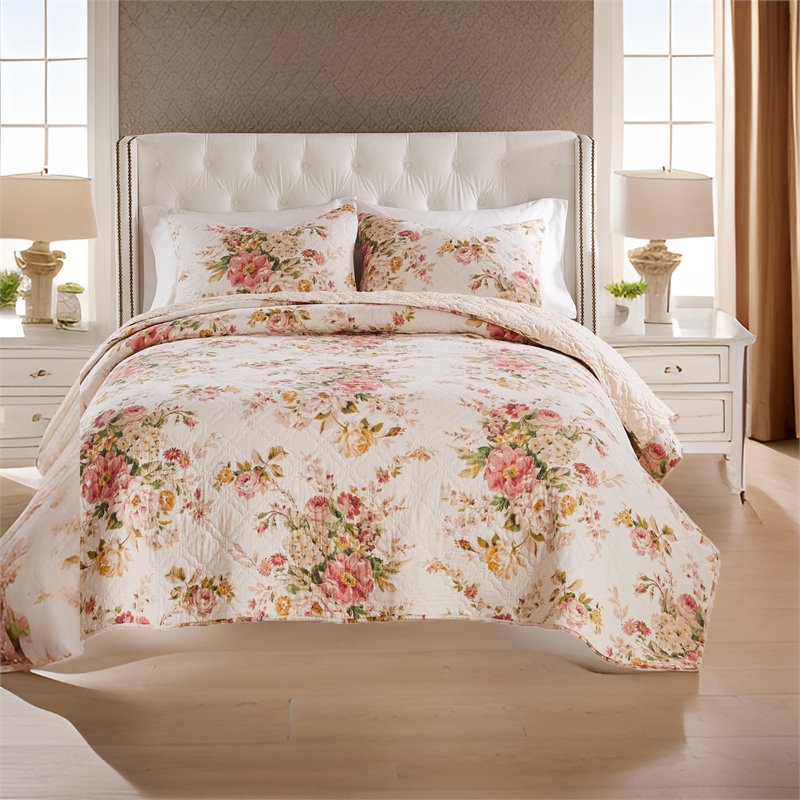 Benjara Givi 2pc XL Twin Quilt Set with Floral Pattern- Beige Buttercup Cotton