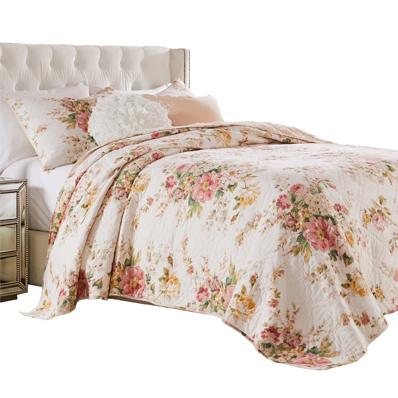 Benjara Givi 3pc King Quilt Set- Shams- Red and Floral Beige Buttercup Cotton