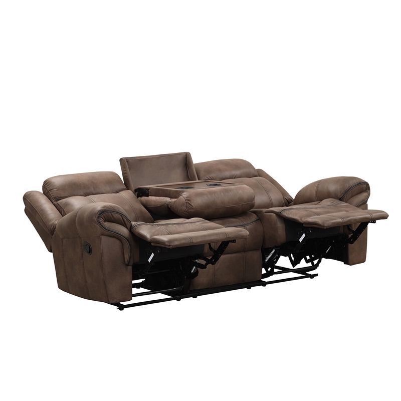 Benjara Arisa Sofa- Brown Faux Leather- Drop Down Table with Cupholders- 87 Inch